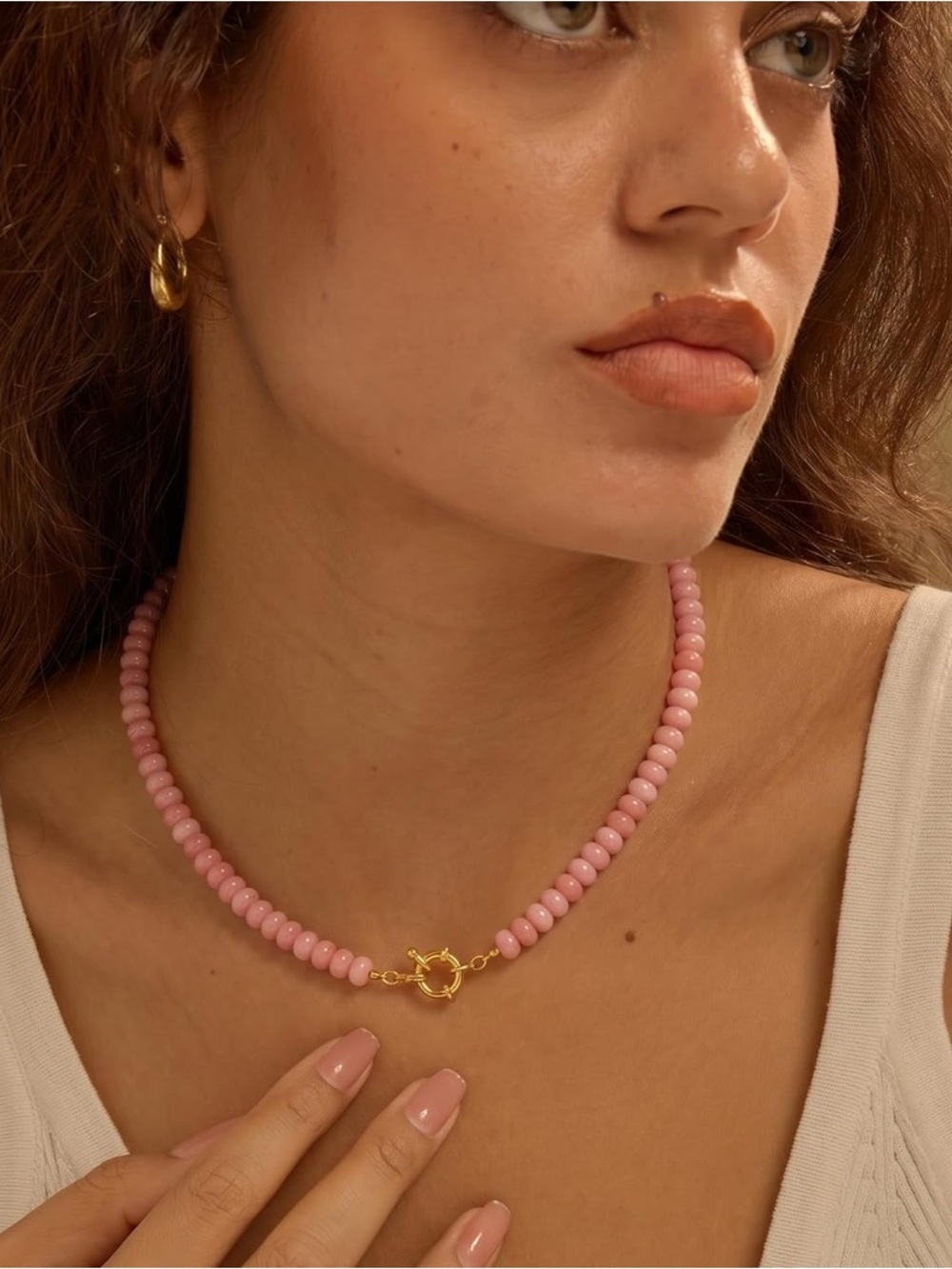 NEW! Pink Gemstone Natural Opal Stone Beaded Gold Plated Clasp Necklace